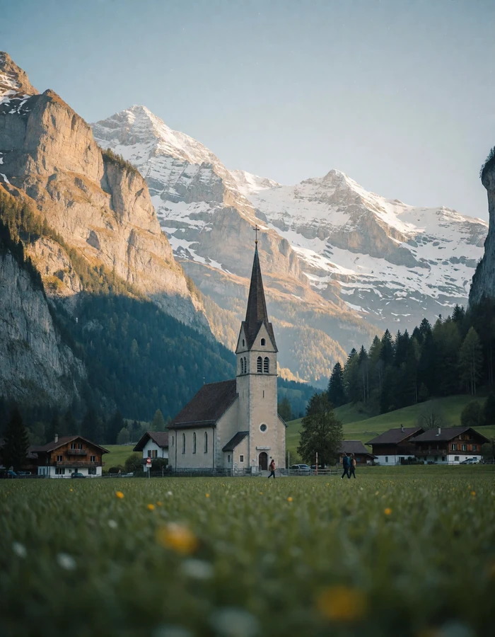 Swiss mountain valley with a small stone church and chalets beneath high snow-dusted peaks