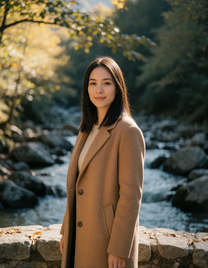 Verified Andorran member with straight dark hair standing on a stone footbridge over a mountain stream