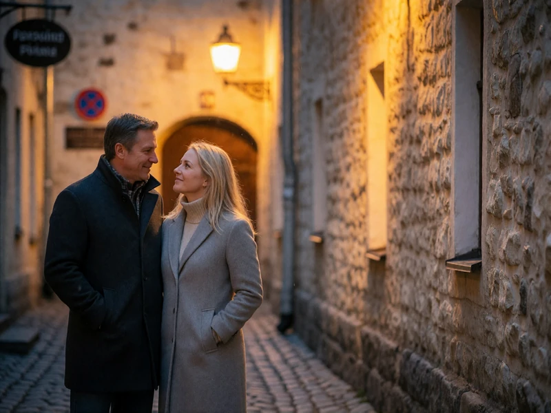 Couple standing close together in a narrow cobbled Tallinn lane at dusk with warm lamp glow behind them
