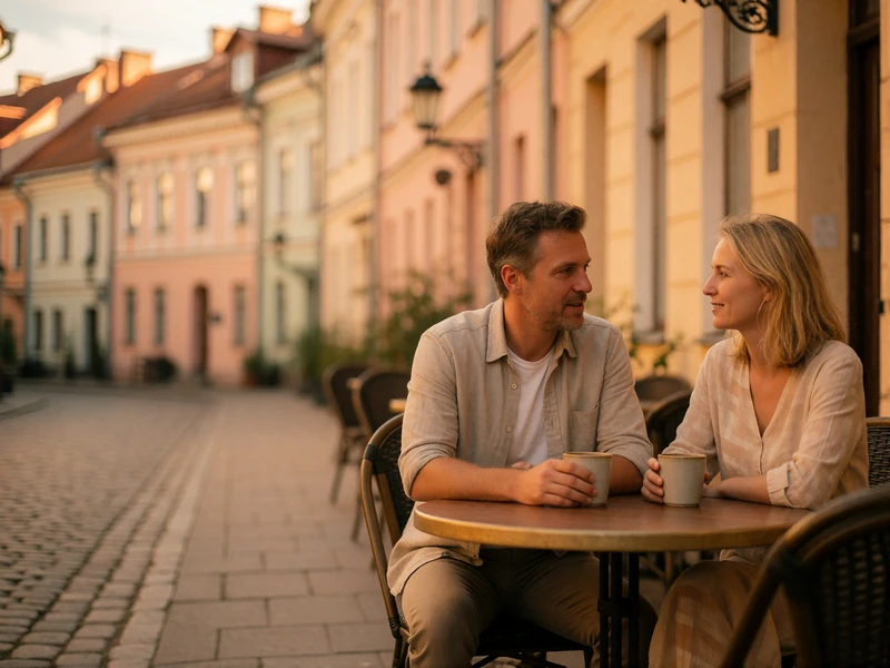 Couple in their late forties talking quietly at a small outdoor table in Riga old town