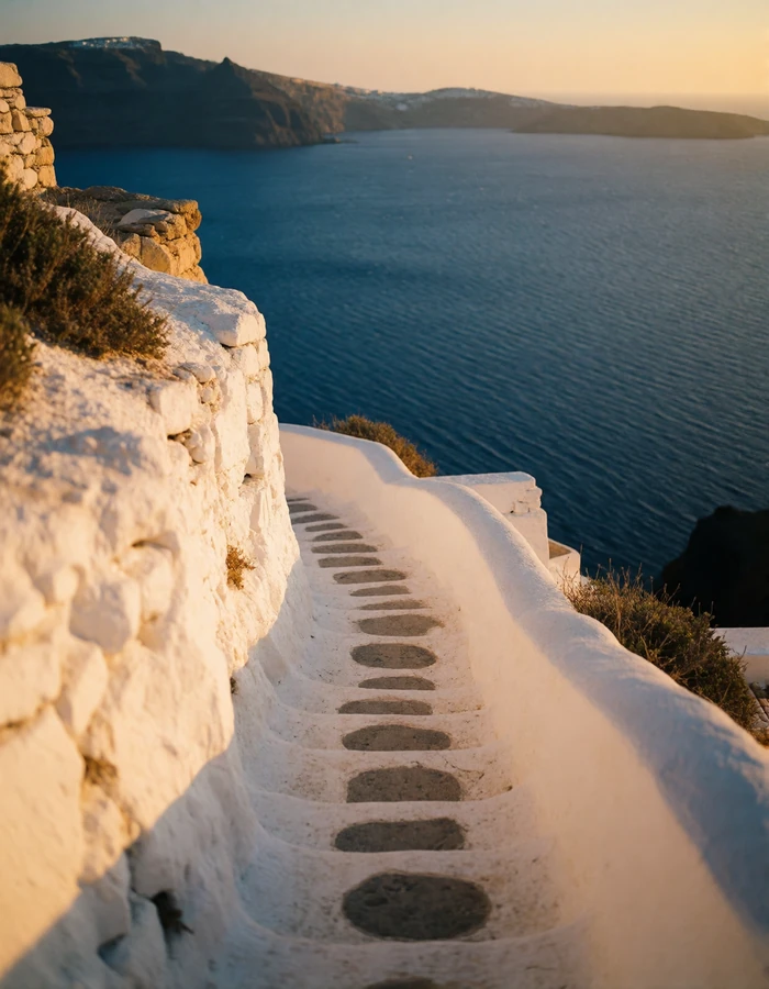 Narrow whitewashed cliff path descending toward deep blue Aegean water at sunset on a Greek island