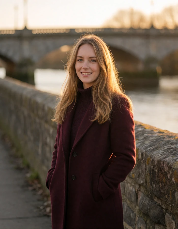 Verified Irish member from Cork with strawberry-blonde hair on a stone riverside walkway at sunset