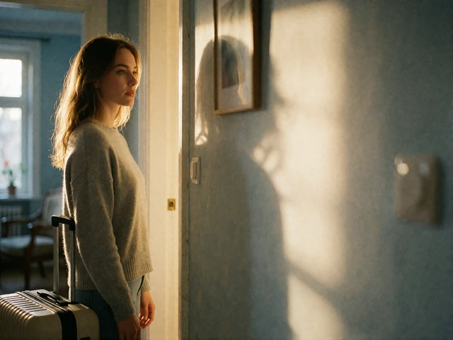 Elegant European woman standing beside a suitcase in a sunlit hallway, considering where to live together