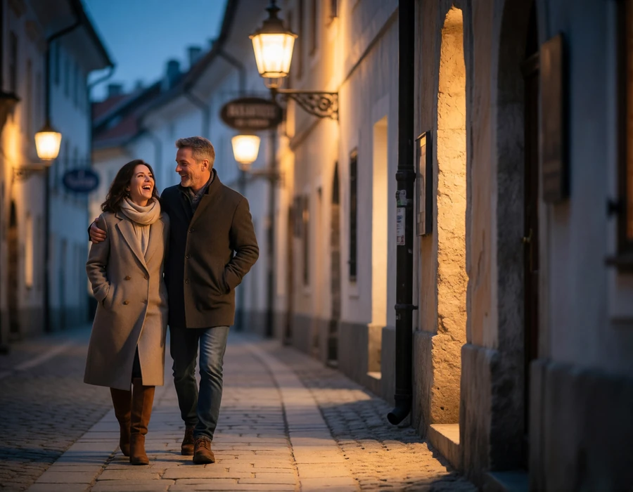 Couple in their forties walking arm in arm along a lamp-lit stone-paved Austrian old-town lane at dusk