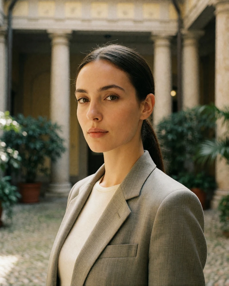 Verified Italian member from Milan with sleek dark hair in a tailored blazer in a neoclassical courtyard