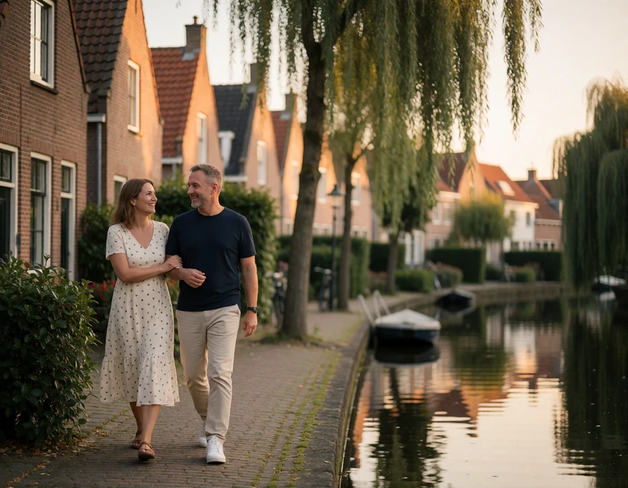 Couple in their forties walking together along a narrow canal path lined with brick houses and willow trees