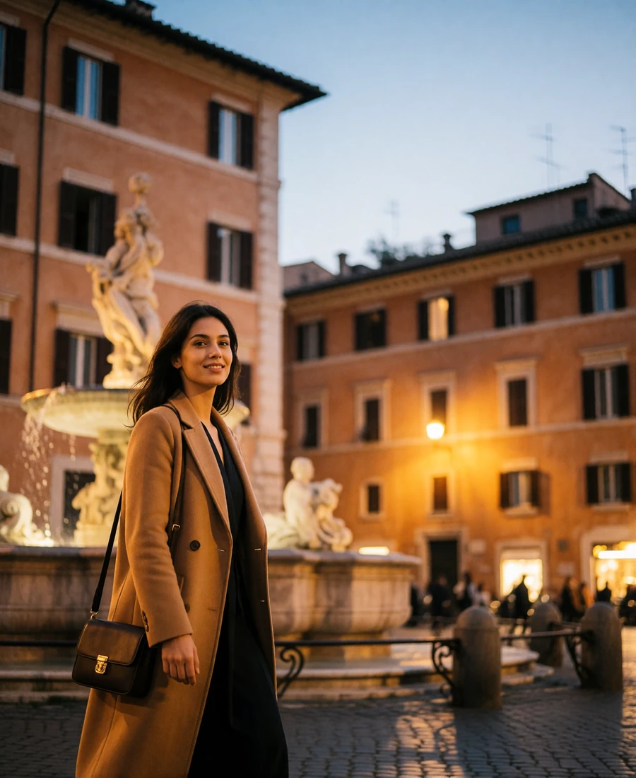 Roman woman in a camel coat walking across a piazza at dusk near a baroque fountain