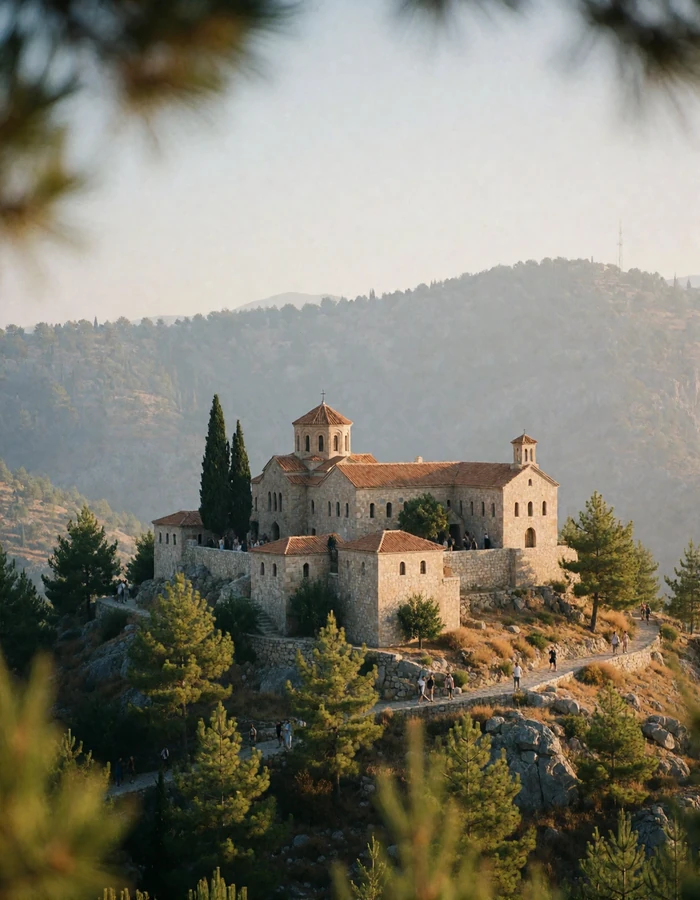 Stone hilltop monastery in the Cypriot mountains surrounded by pines in late afternoon light