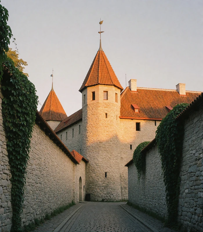 Medieval limestone walls and red conical turret roofs of Tallinn old town