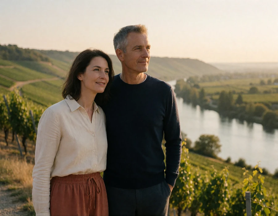 Couple in their forties standing together at a hillside viewpoint above a river valley of vineyards