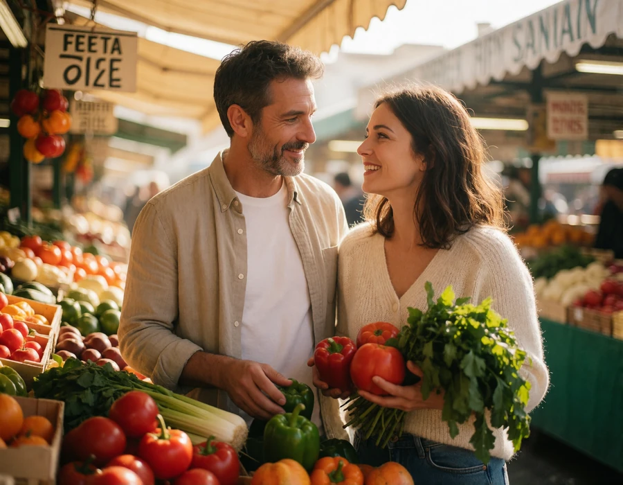 Couple in their forties browsing fresh produce together at a Spanish morning market