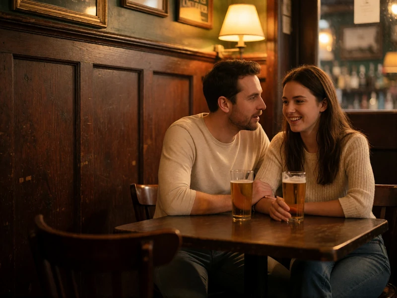 Couple sitting close together at a small wooden table in a traditional Irish pub snug