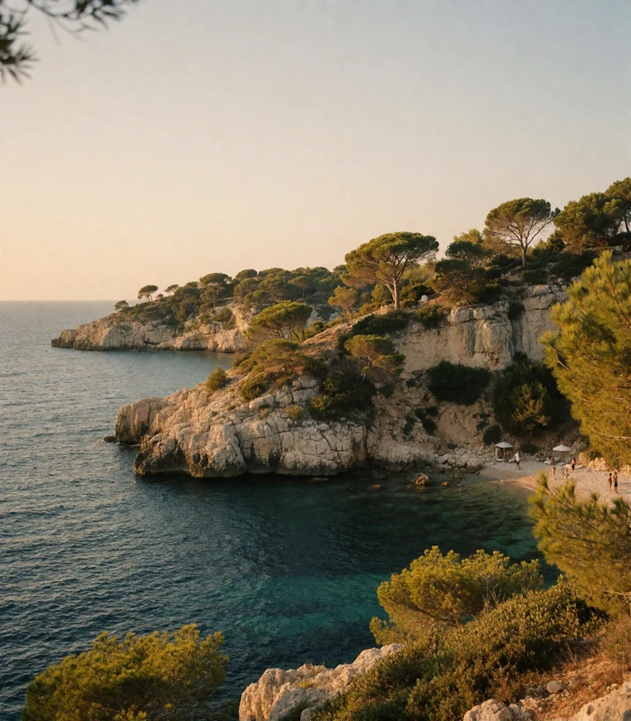 French Mediterranean coastline with pale cliffs, umbrella pines and a small bay of deep blue water
