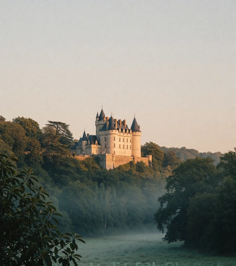Pale stone German castle with slate turrets on a forested hillside above a misty green valley