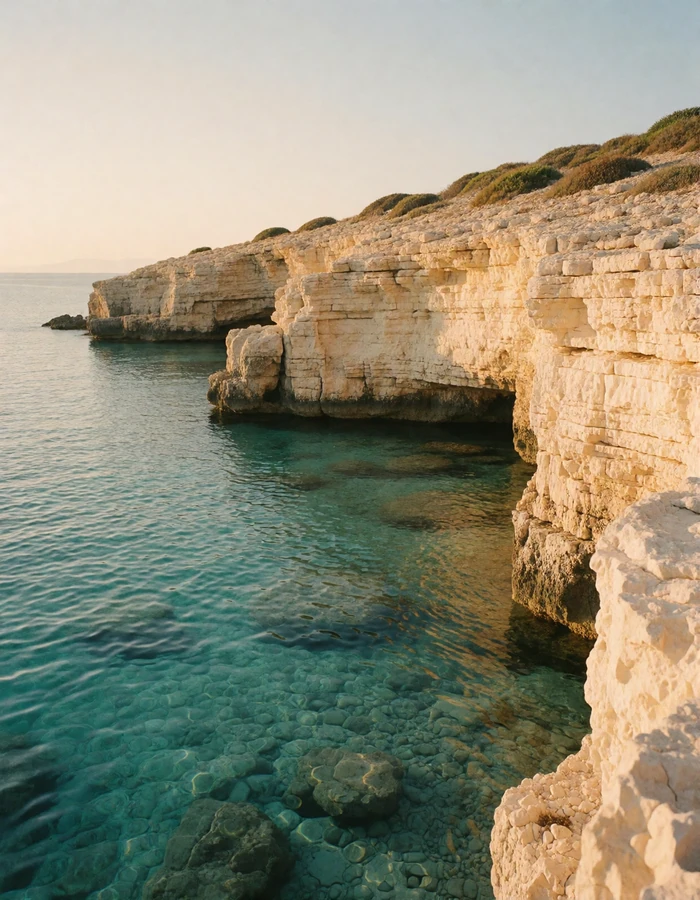 Pale limestone sea cliffs and clear turquoise water along the Cypriot coast in late afternoon light