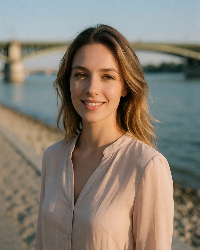 Verified Austrian member with light brown hair on a Danube riverside walkway in a soft blush blouse