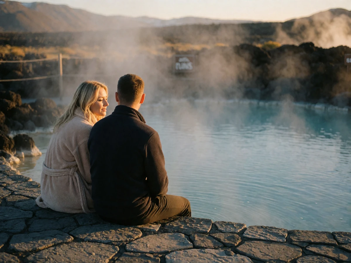 Couple in their late thirties sitting together beside a steaming geothermal pool at dusk