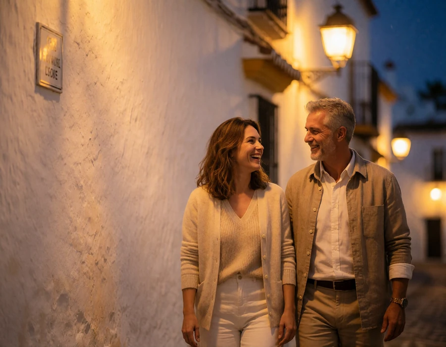 Couple in their forties walking together along a Sevillian street at dusk with warm lantern light behind them