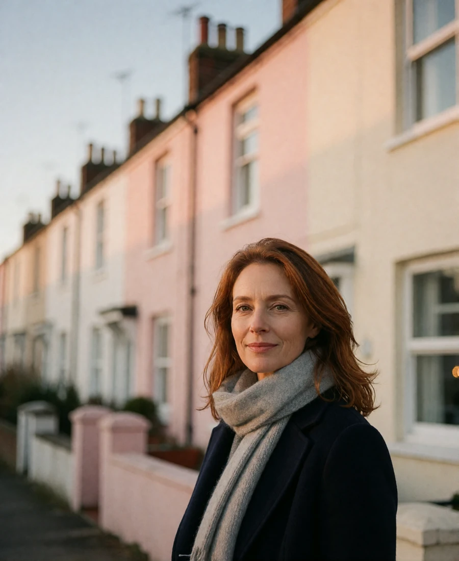 British woman in her early forties with auburn hair on a quiet street of pastel terraced houses in London