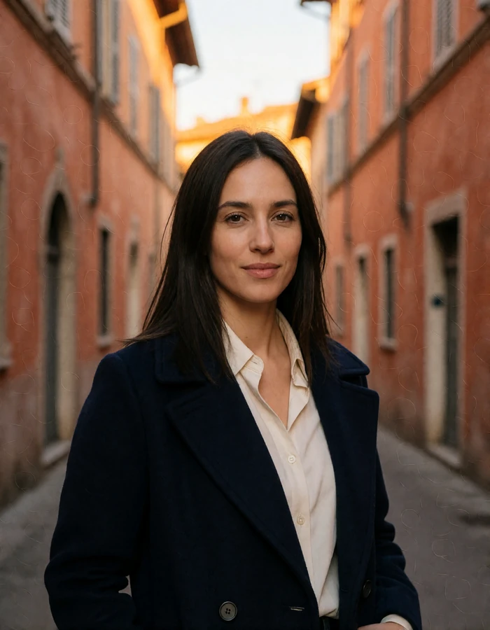 Verified Roman member from the Borgo district near Vatican City in a navy coat on a narrow terracotta street