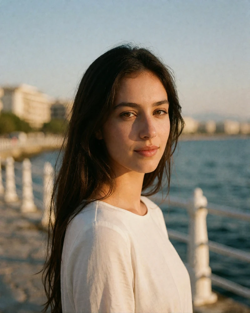 Verified Greek member from Thessaloniki with long dark hair standing on the city waterfront