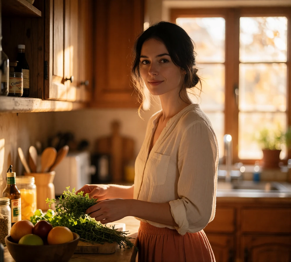 European woman in her thirties arranging fresh herbs and fruit at a rustic kitchen counter in warm afternoon light