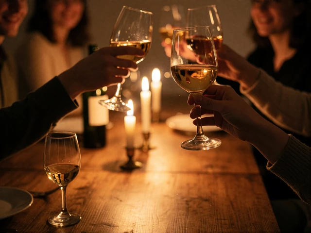 Hands raising wine glasses over a candlelit dinner table during a family toast