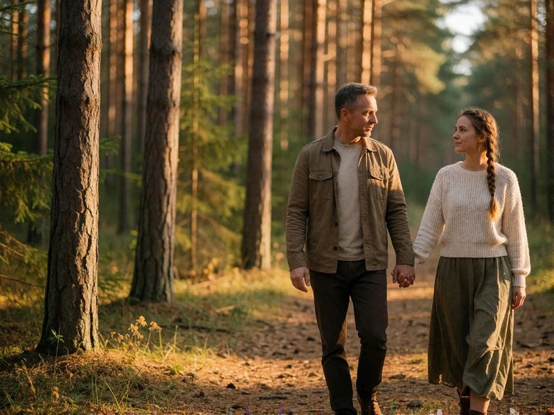 Couple in their late forties walking hand in hand along a sunlit pine forest path in Lithuania