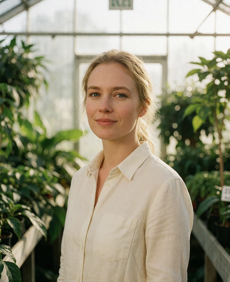 Verified Icelandic member with light blonde hair in an ivory shirt, photographed inside a bright glass greenhouse