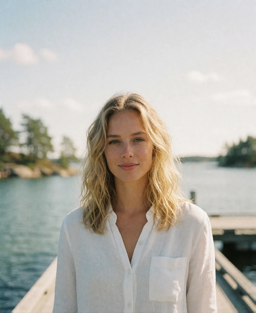 Verified Swedish member with wavy blonde hair smiling on a wooden jetty in the Stockholm archipelago