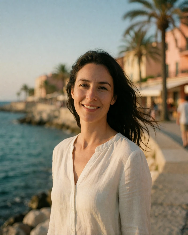 Verified French member from Nice with dark hair and a white linen blouse on a sunlit Mediterranean seafront promenade