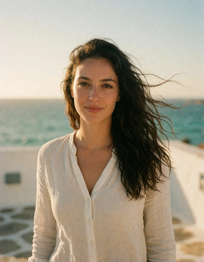 Dark-haired Spanish woman in a linen blouse on a sunlit Mediterranean coastal terrace