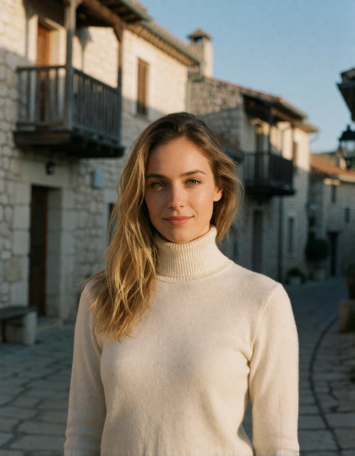 Verified Andorran member with dark blonde hair standing on a stone-paved town street lined with pale stone buildings