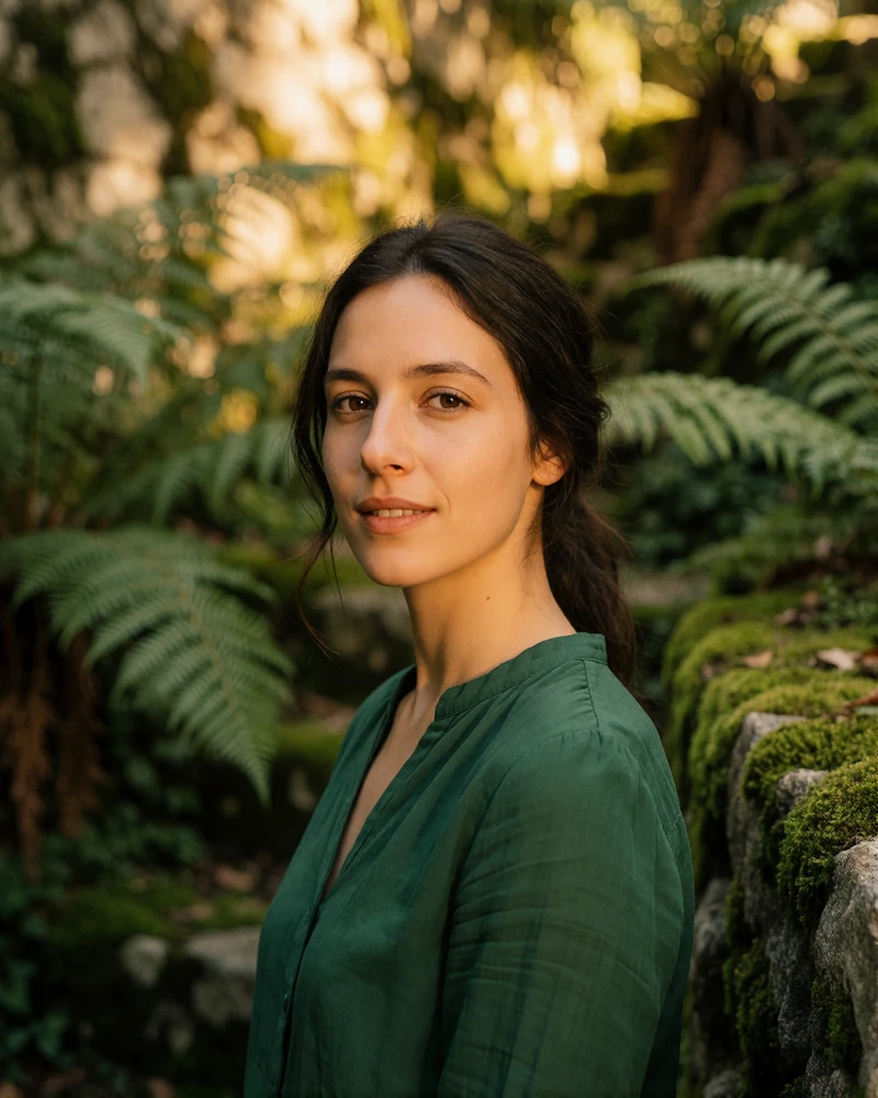 Verified Portuguese member with dark hair pinned loosely in a green blouse standing in the lush gardens of Sintra