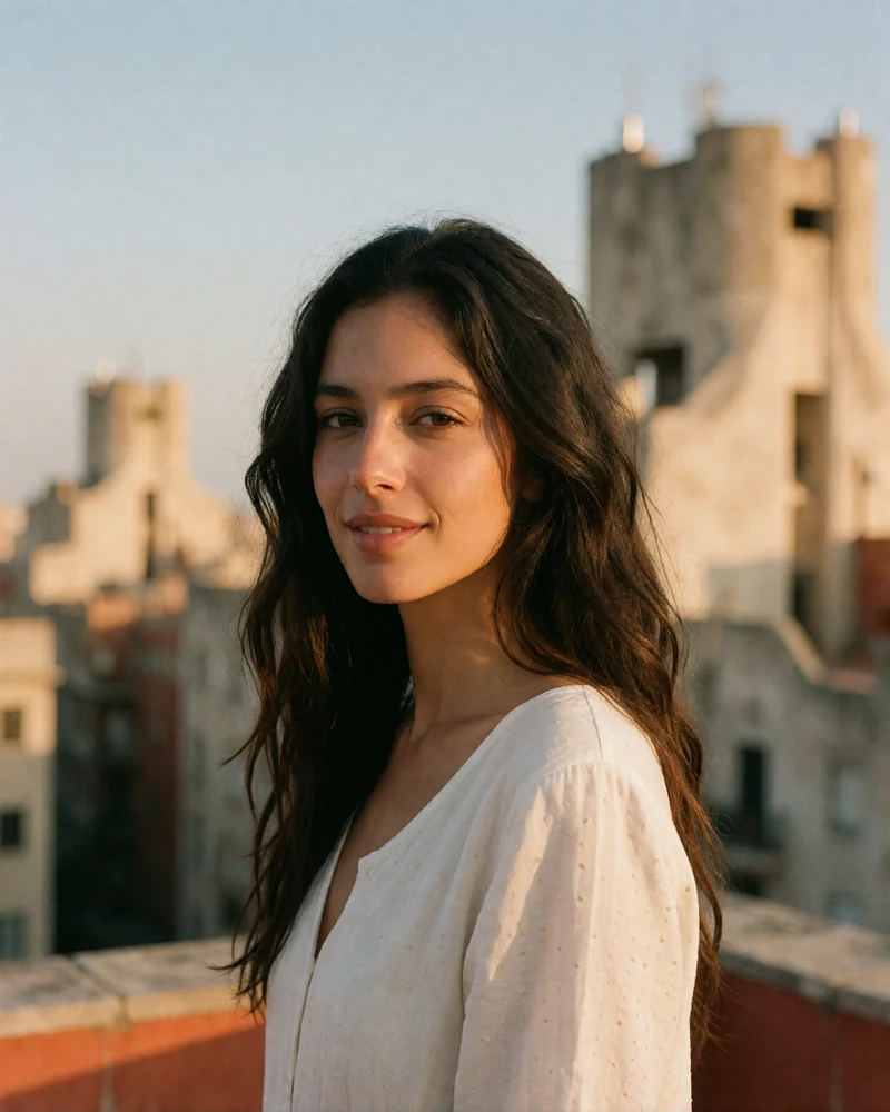 Verified Spanish member from Barcelona with long dark waves, photographed on a rooftop terrace at golden hour