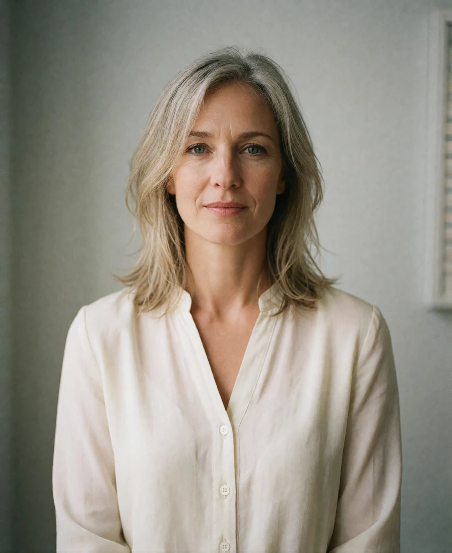 Verified Swedish member with ash-blonde hair in an ivory blouse smiling warmly in soft natural light