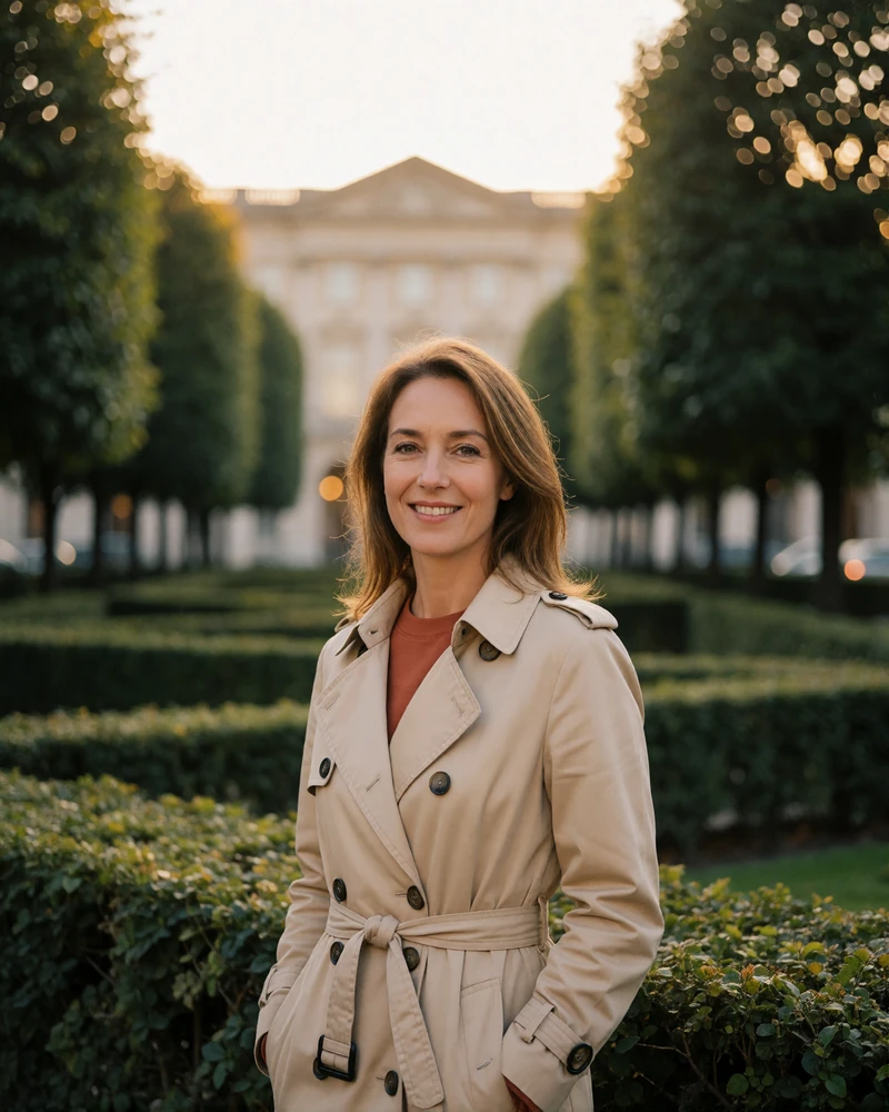 Verified Belgian member from Brussels with light brown hair in a beige trench coat in a formal city park