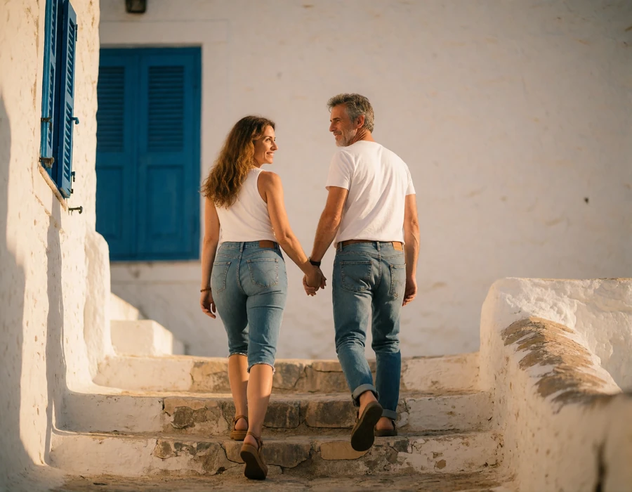 Couple in their forties walking up worn stone village steps hand in hand in morning light