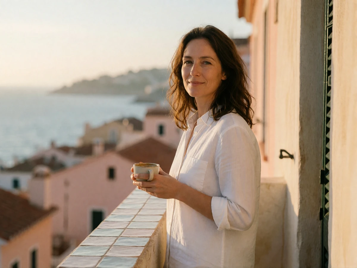Woman in a white shirt on a tiled coastal balcony holding a coffee cup, overlooking terracotta rooftops and a blue bay in the morning light
