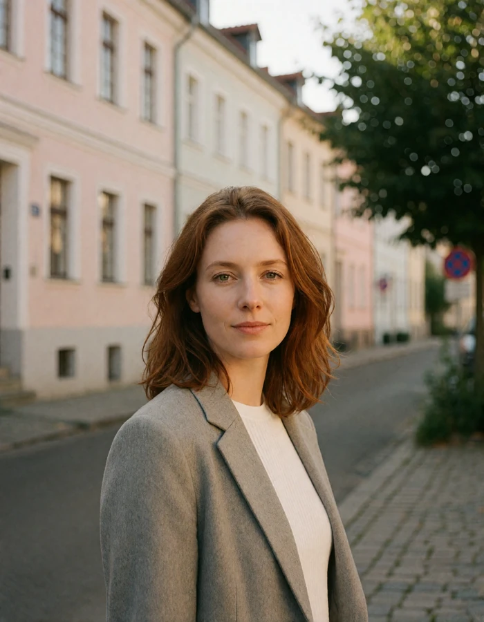 Auburn-haired German woman in a light grey blazer on a historic European street