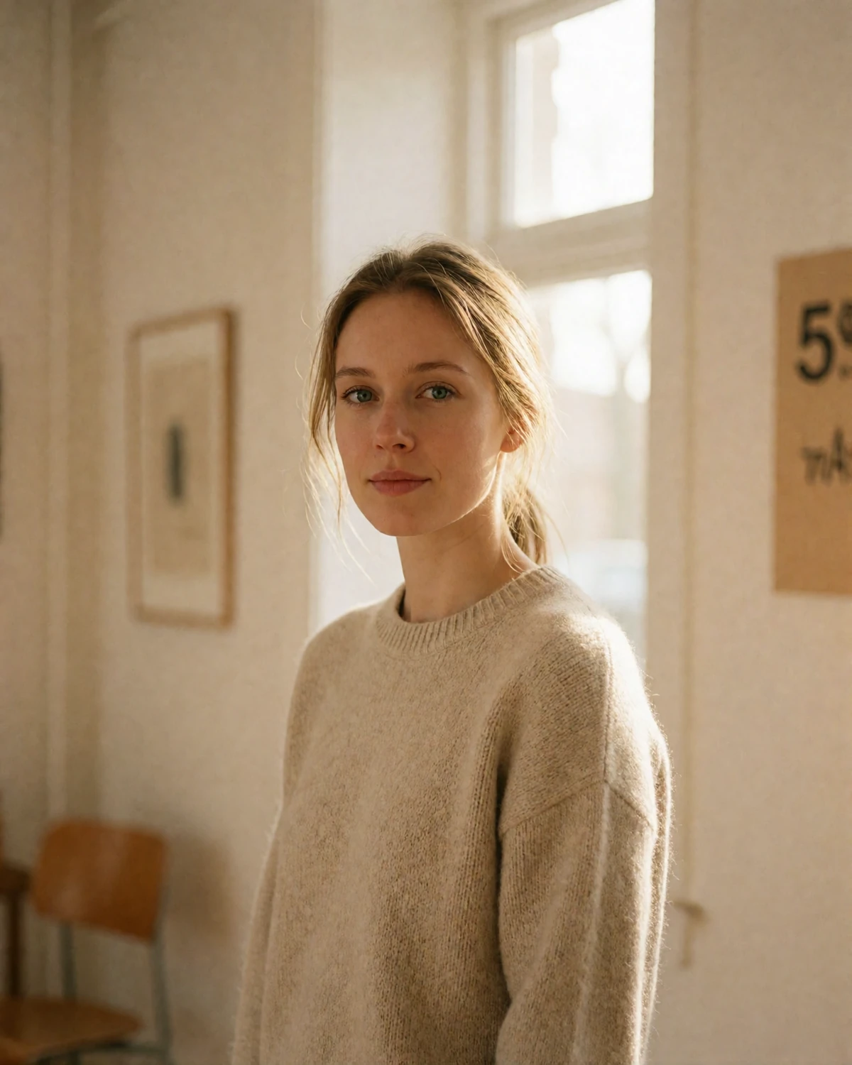 Danish woman in her early thirties wearing an oatmeal knit sweater in a bright minimalist Scandinavian interior