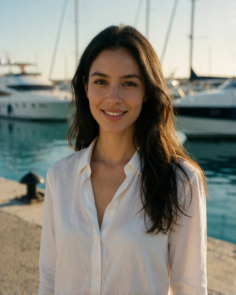 Verified Monaco-area member on a marina quay wearing a crisp white shirt with blurred yacht masts behind her