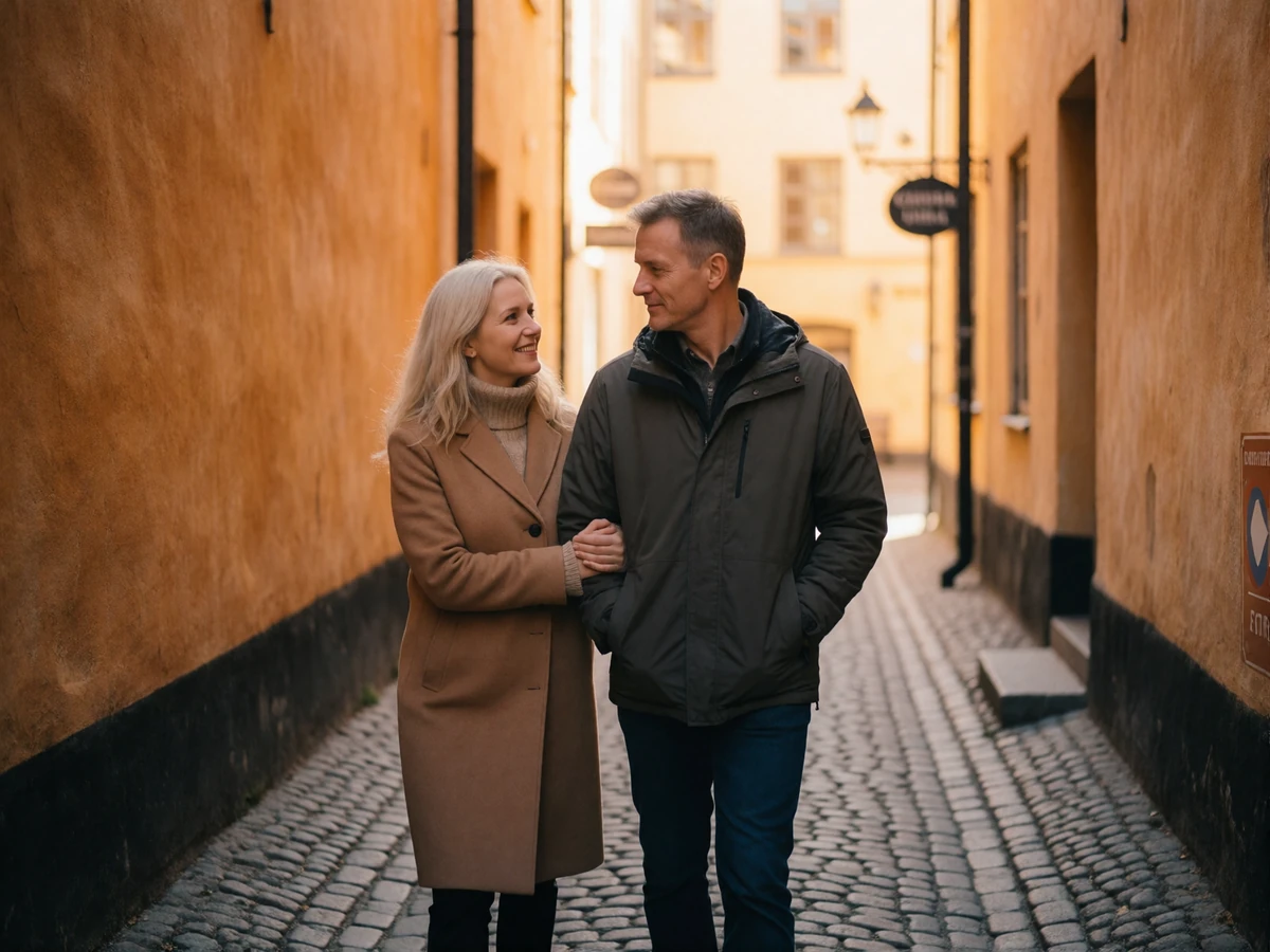 Couple in their late thirties walking arm in arm along a narrow cobbled Scandinavian old-town lane at golden hour