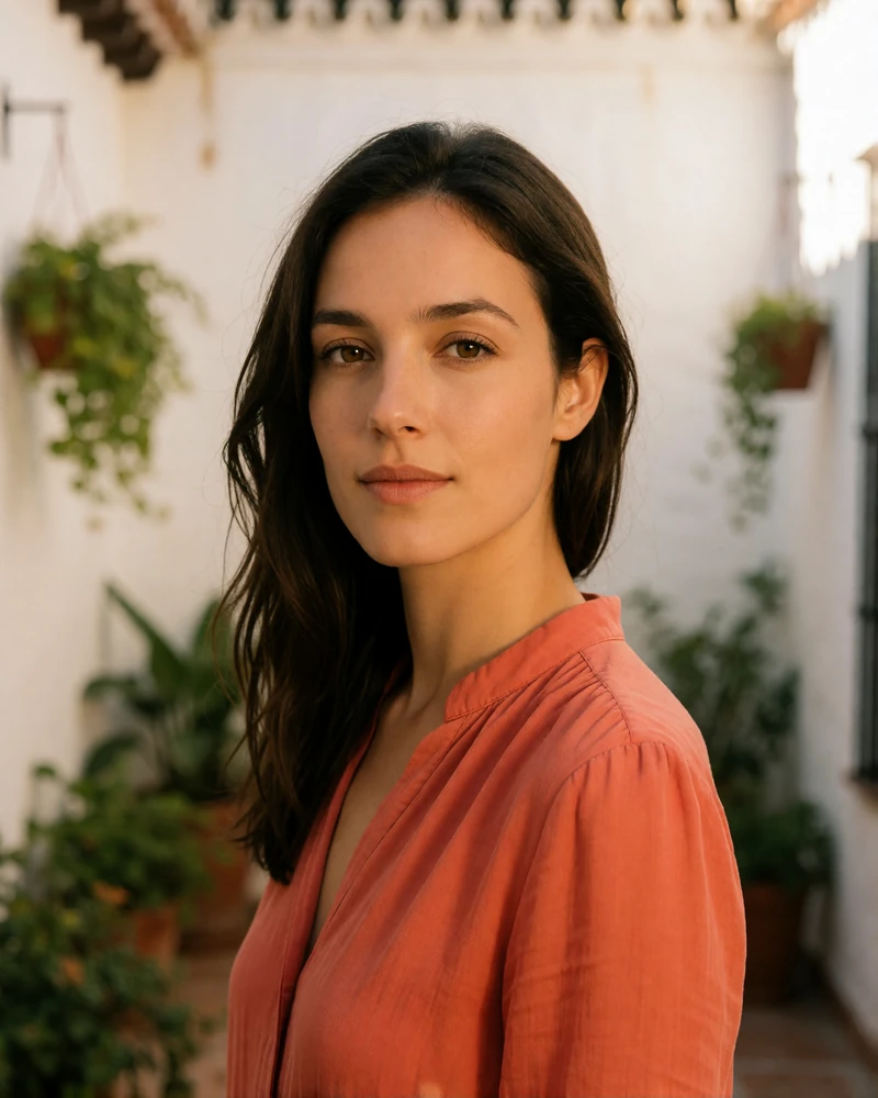 Verified Spanish member from Andalusia with dark hair and a coral blouse in a whitewashed patio setting