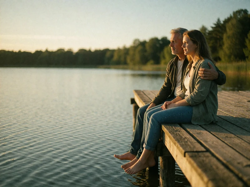 Couple in their forties sitting together at the end of a weathered wooden jetty on a still Lithuanian lake