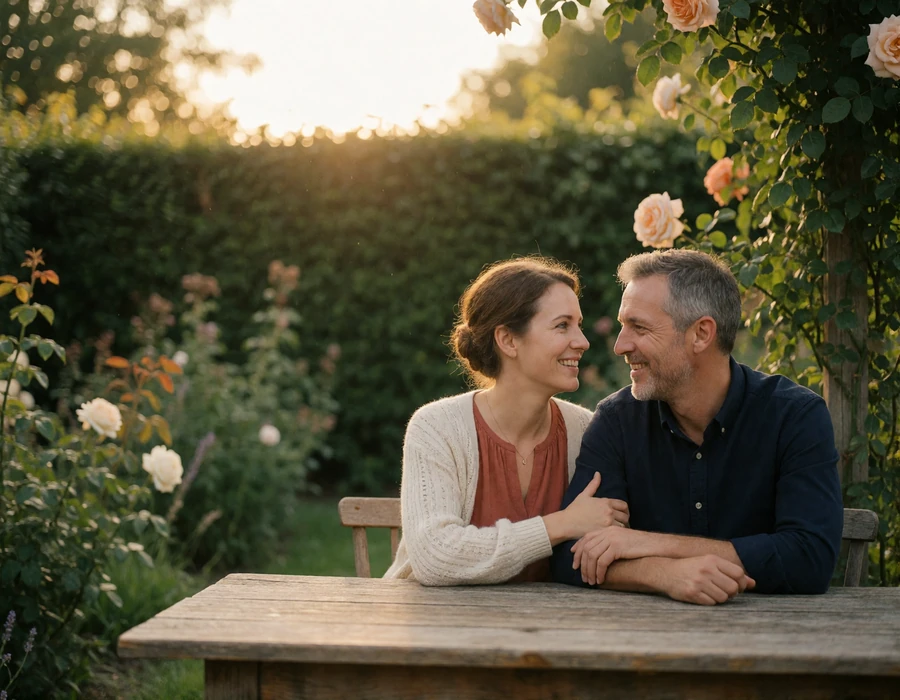 Couple in their late forties sitting together at a rustic wooden garden table surrounded by hedges and climbing roses