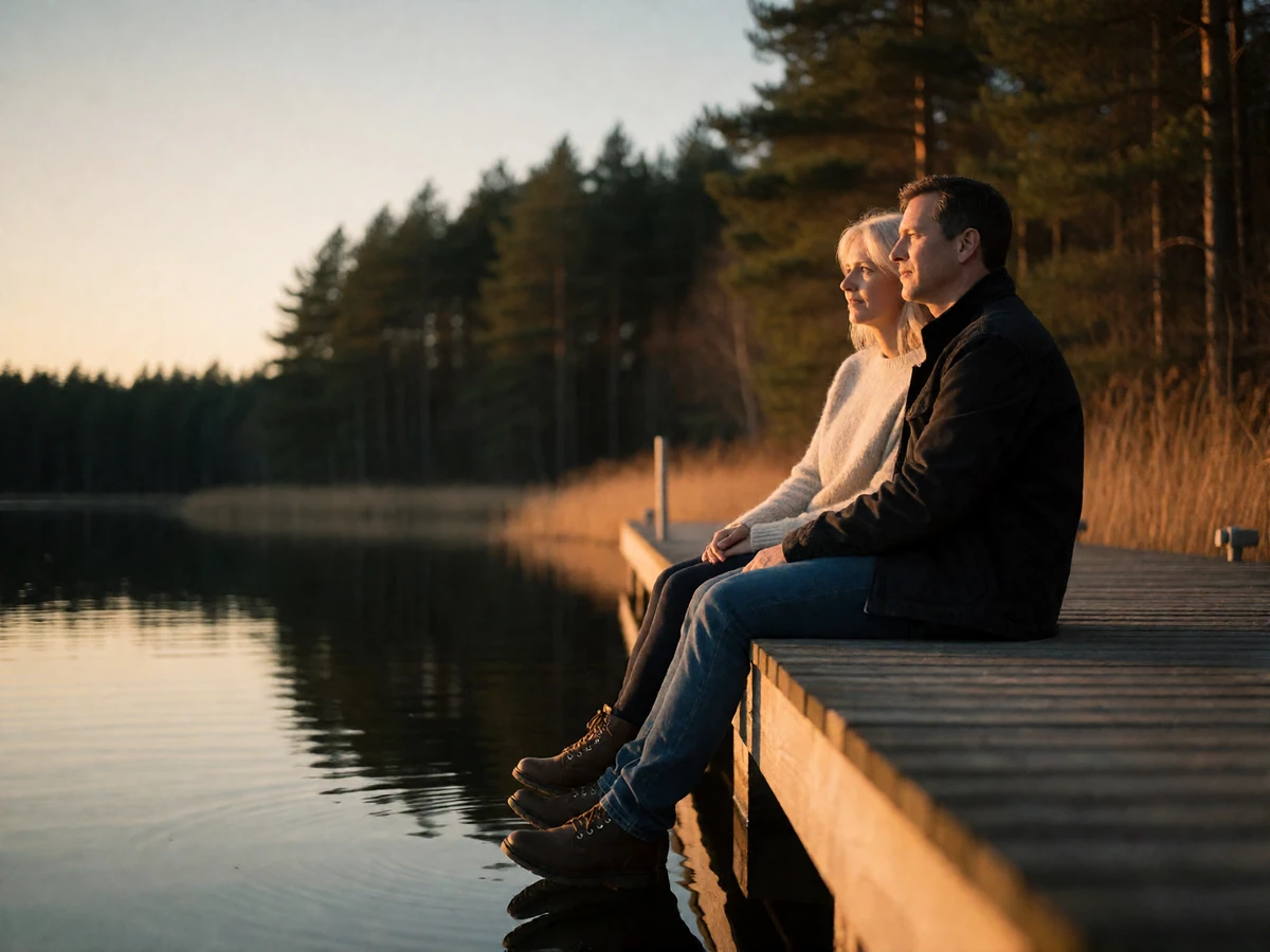 Couple in their forties sitting close together on a wooden lake dock in warm golden evening light
