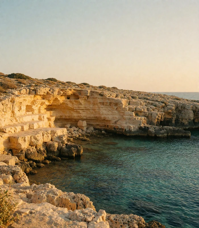 Maltese limestone coastline with a sheltered bay of clear blue water and honey-coloured rock terraces