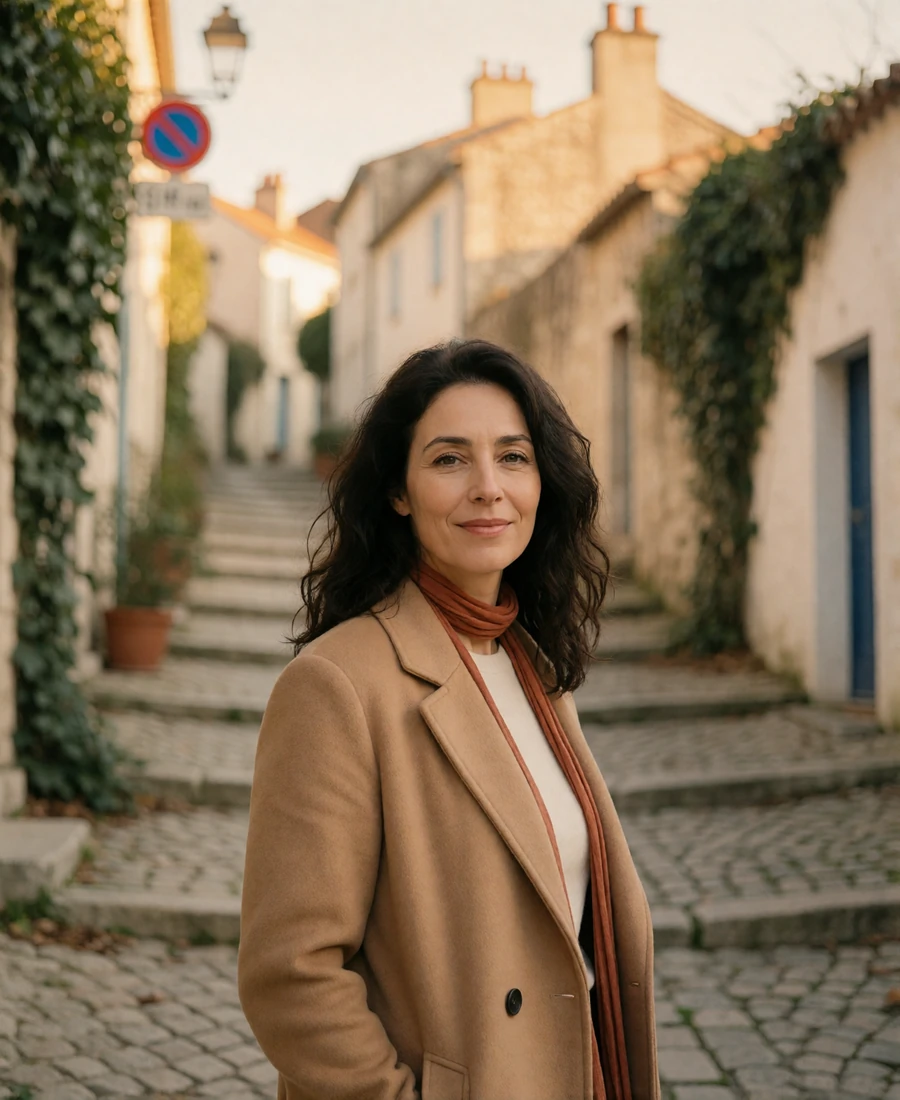 French woman in her early forties with loose dark waves on a cobbled hillside street of pale stone houses