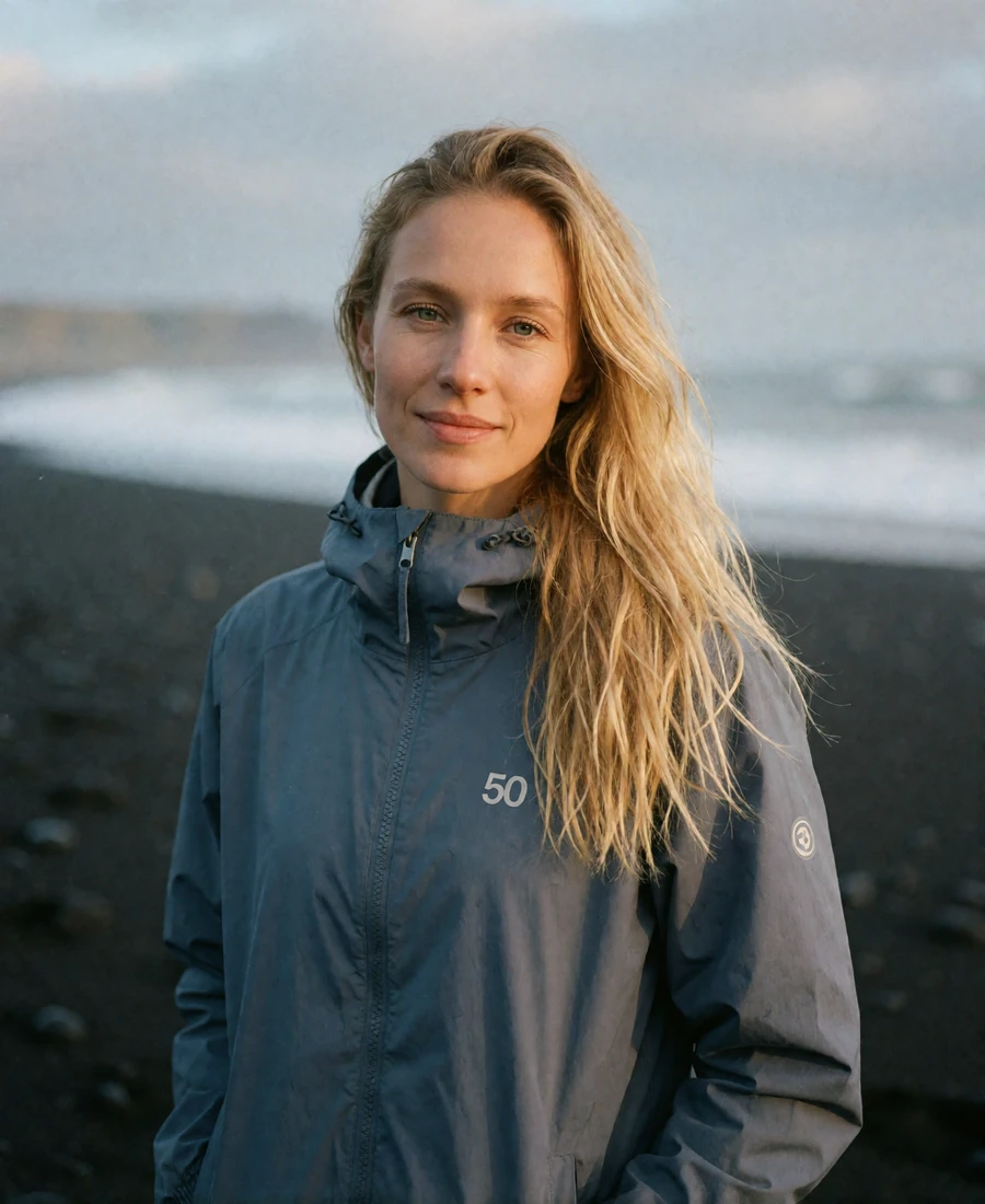 Verified Icelandic member with long fair hair in a slate-blue windbreaker, photographed on a black sand beach
